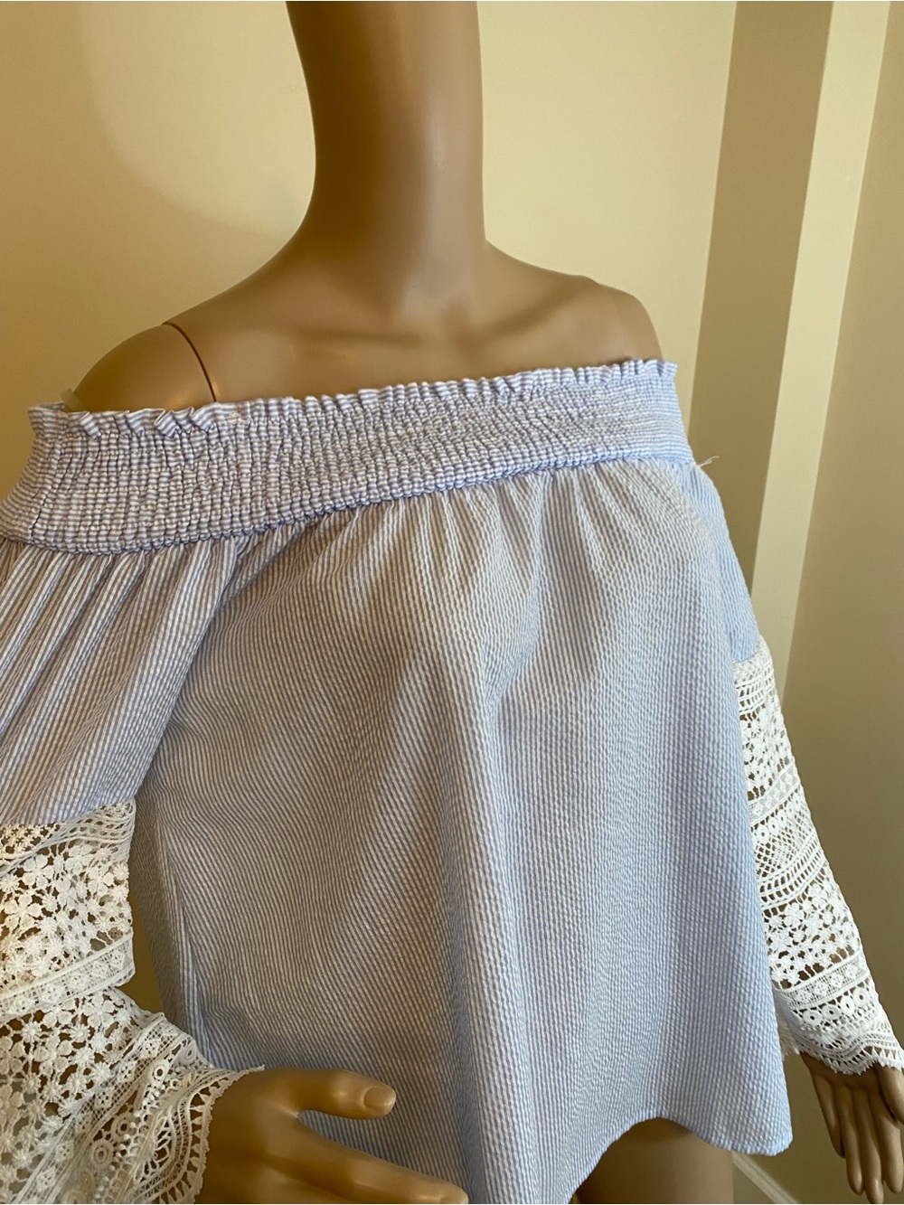 Andree Light Blue Off-Shoulder Tunic with White Lace Sleeves
